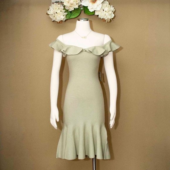 NWT Express Body Con Ruffle Off The Shoulder Mini  Sweater Dress size M - Picture 1 of 8